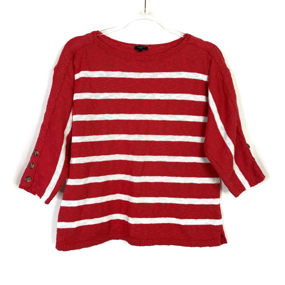 Talbots Red White Stripe Boatneck 3/4 Sleeve Knit Sweater Button Womens L PETITE